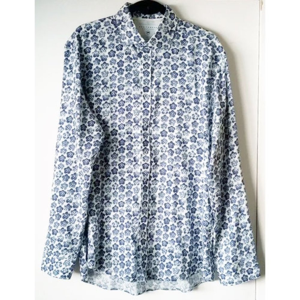 Ron Tomson Los Angeles Slim-Fit Button Down Shirt XL Floral Cotton Linen